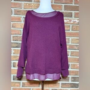 Ann Taylor Layered Knit Sweater Top Purple L Merino Wool Hi Low Hem